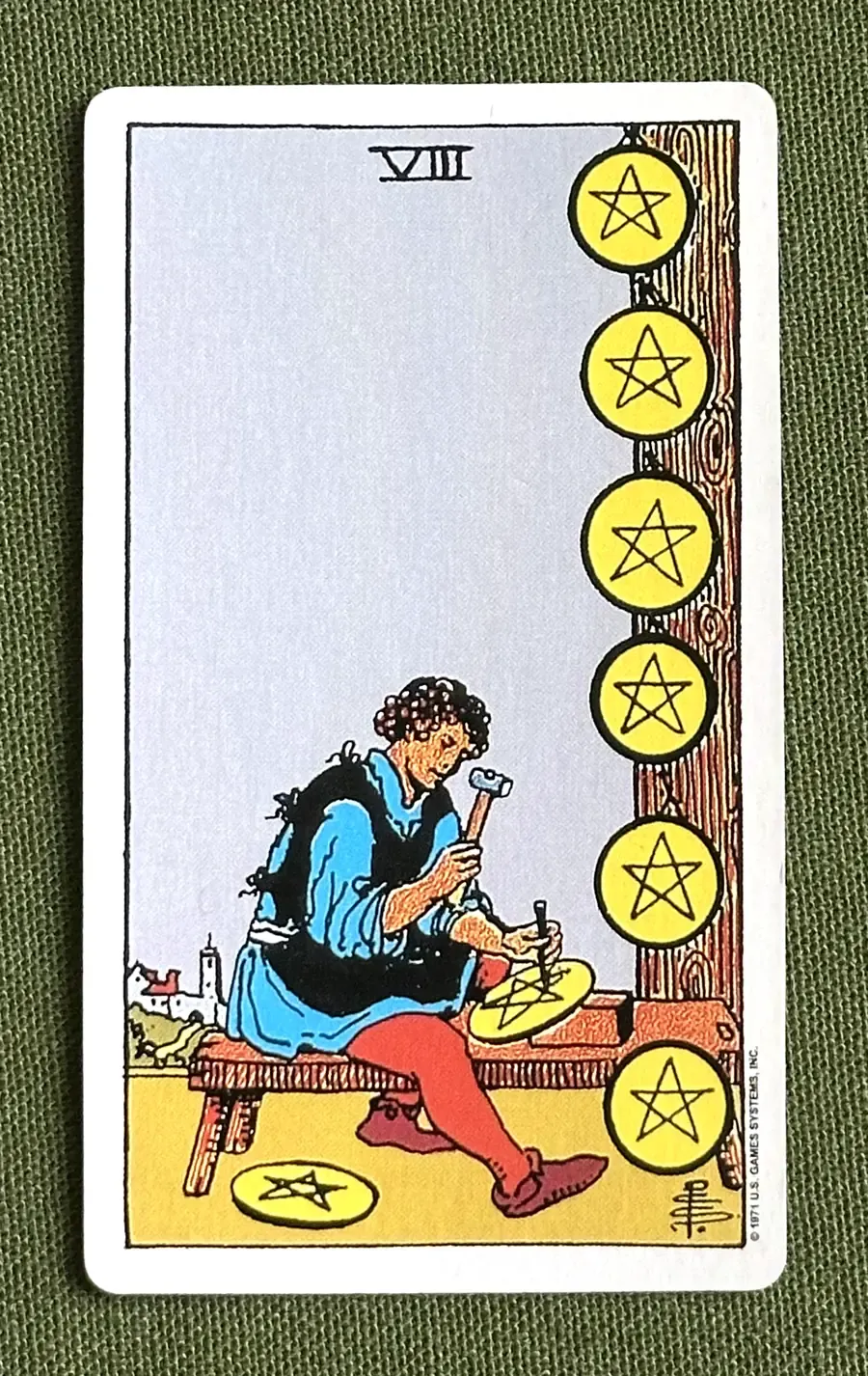 Eight of Oaks — Eight of Pentacles from the Rider–Waite deck