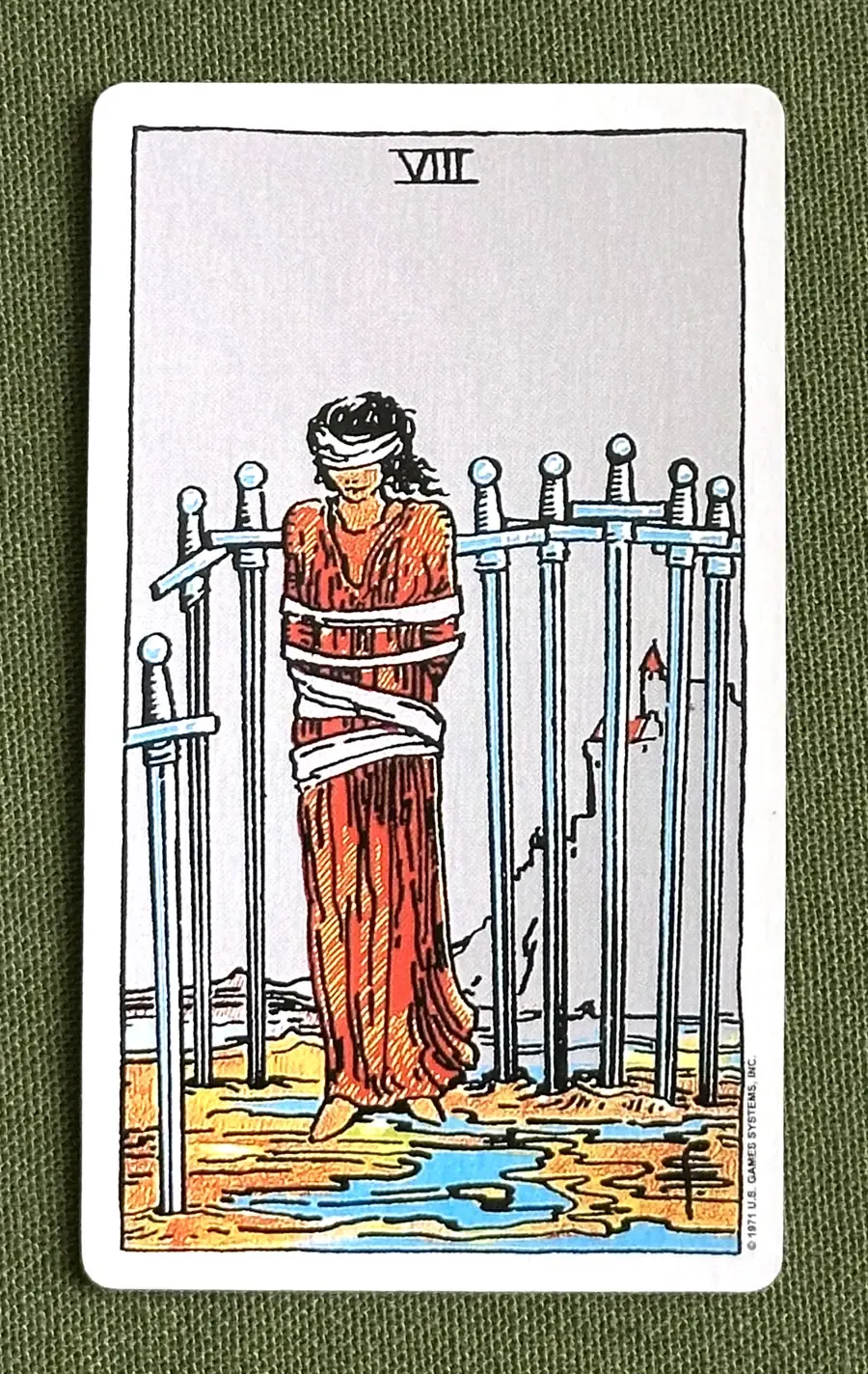 Eight of Quills — Eight of Swords from the Rider–Waite deck