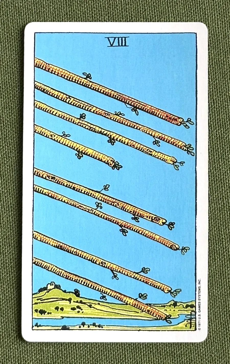 Eight of Arrows — Eight of Wands from the Rider–Waite deck