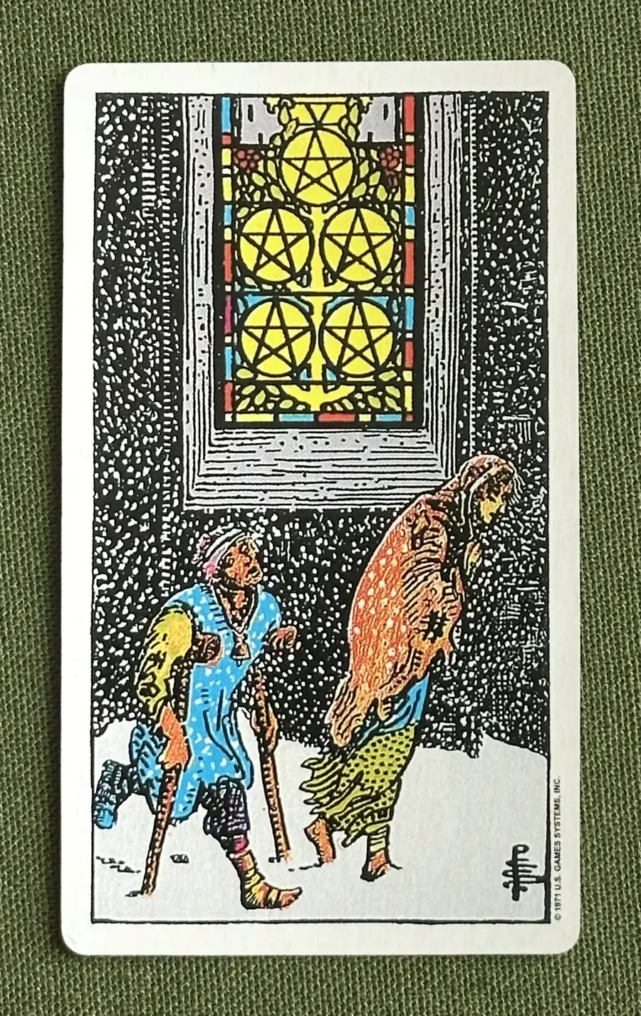 Five of Oaks — Five of Pentacles from the Rider–Waite deck