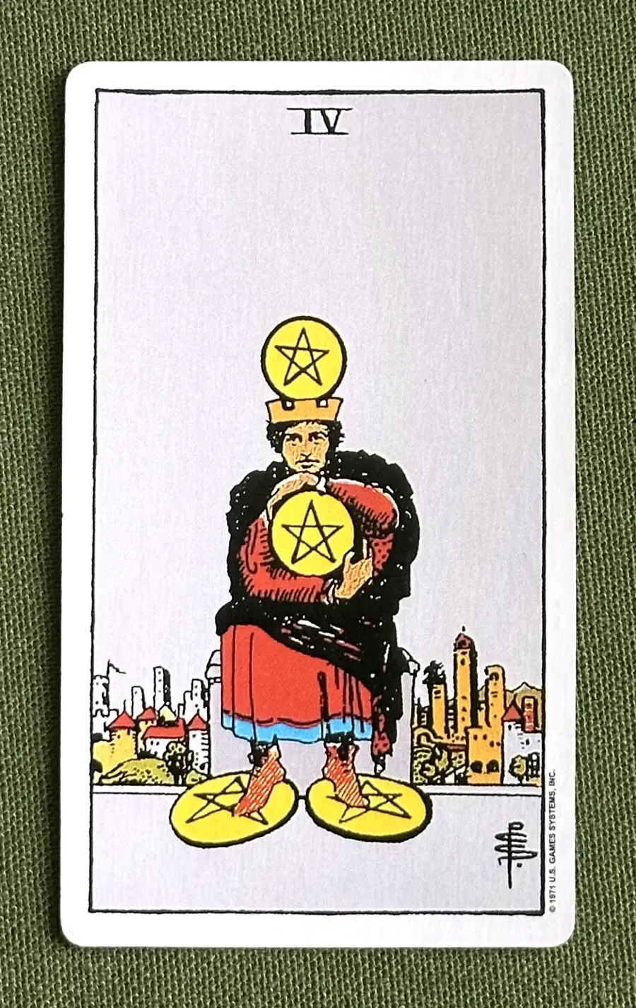 Four of Oaks — Four of Pentacles from the Rider–Waite deck