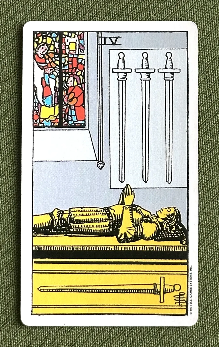 Four of Quills — Four of Swords from the Rider–Waite deck