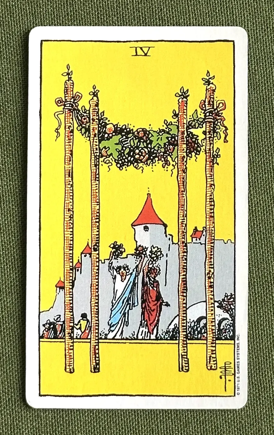 Four of Arrows — Four of Wands from the Rider–Waite deck