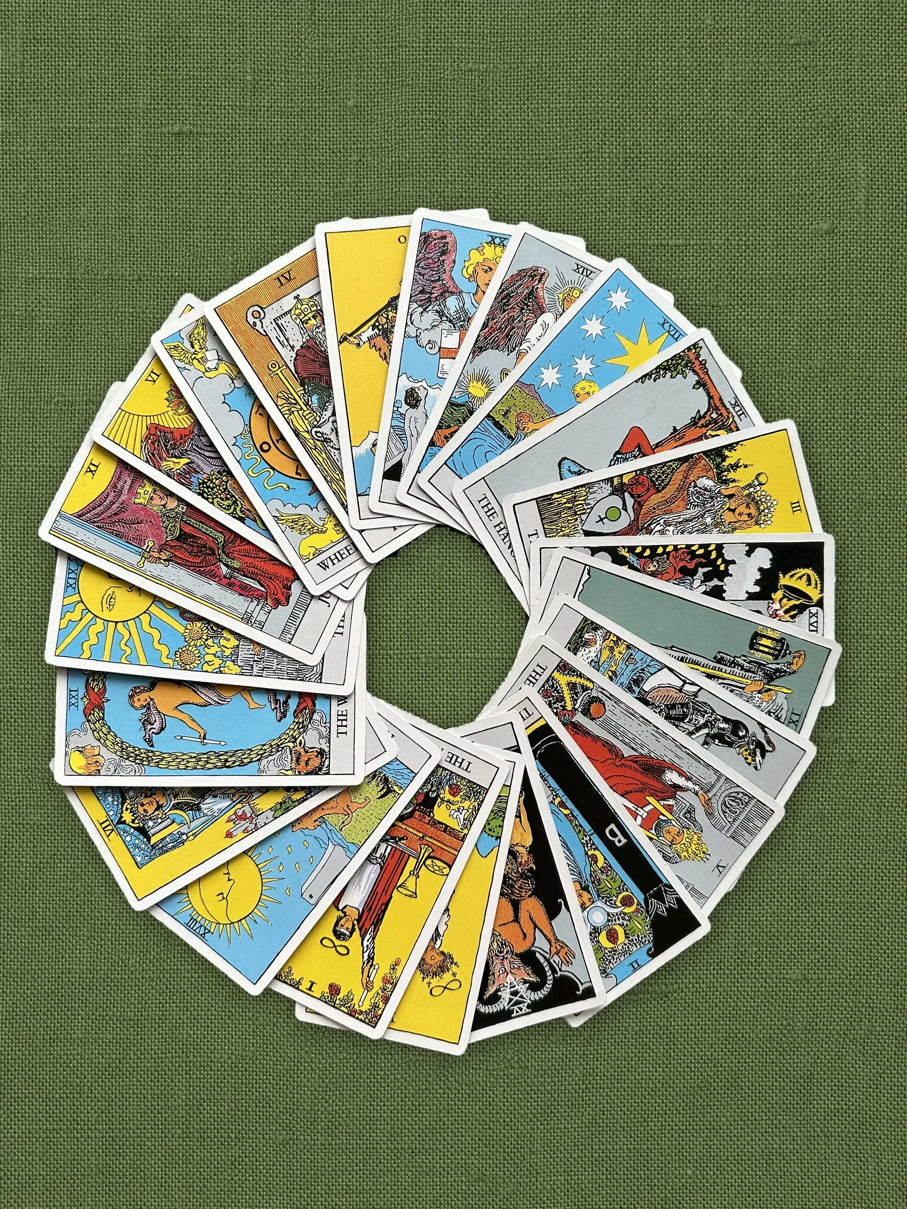 The Major Arcana laid out on olive linen