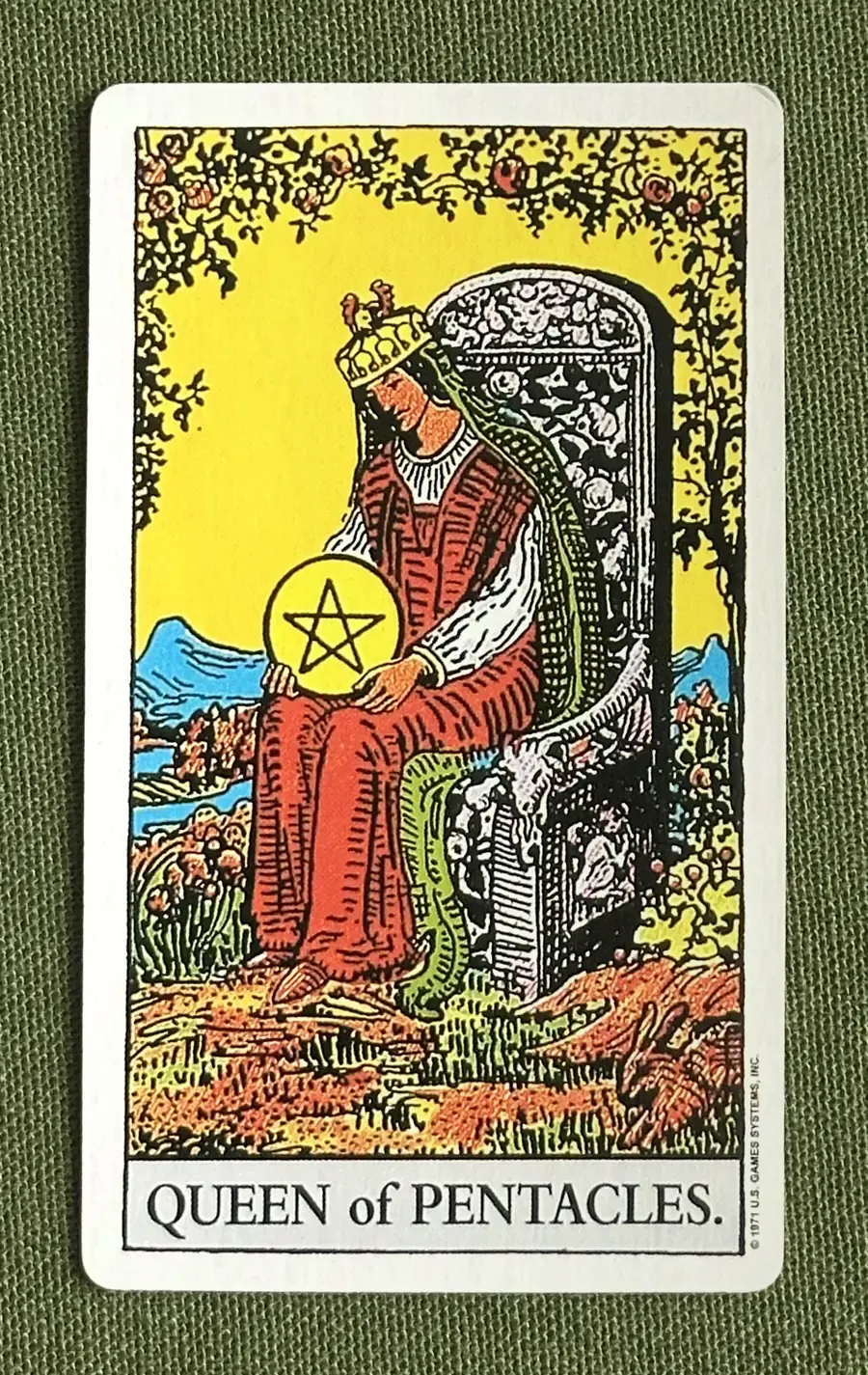 Queen of Oaks — Queen of Pentacles from the Rider–Waite deck