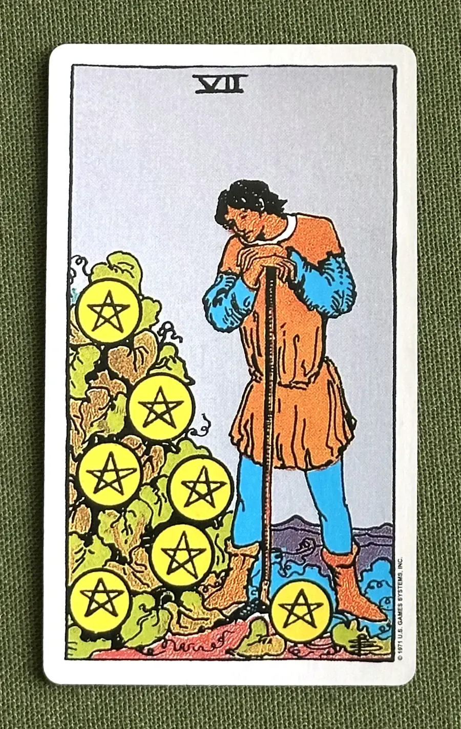 Seven of Oaks — Seven of Pentacles from the Rider–Waite deck