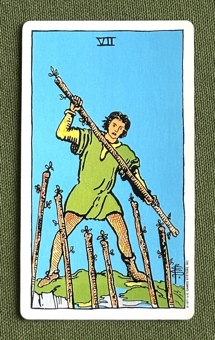 Seven of Arrows — Seven of Wands from the Rider–Waite deck