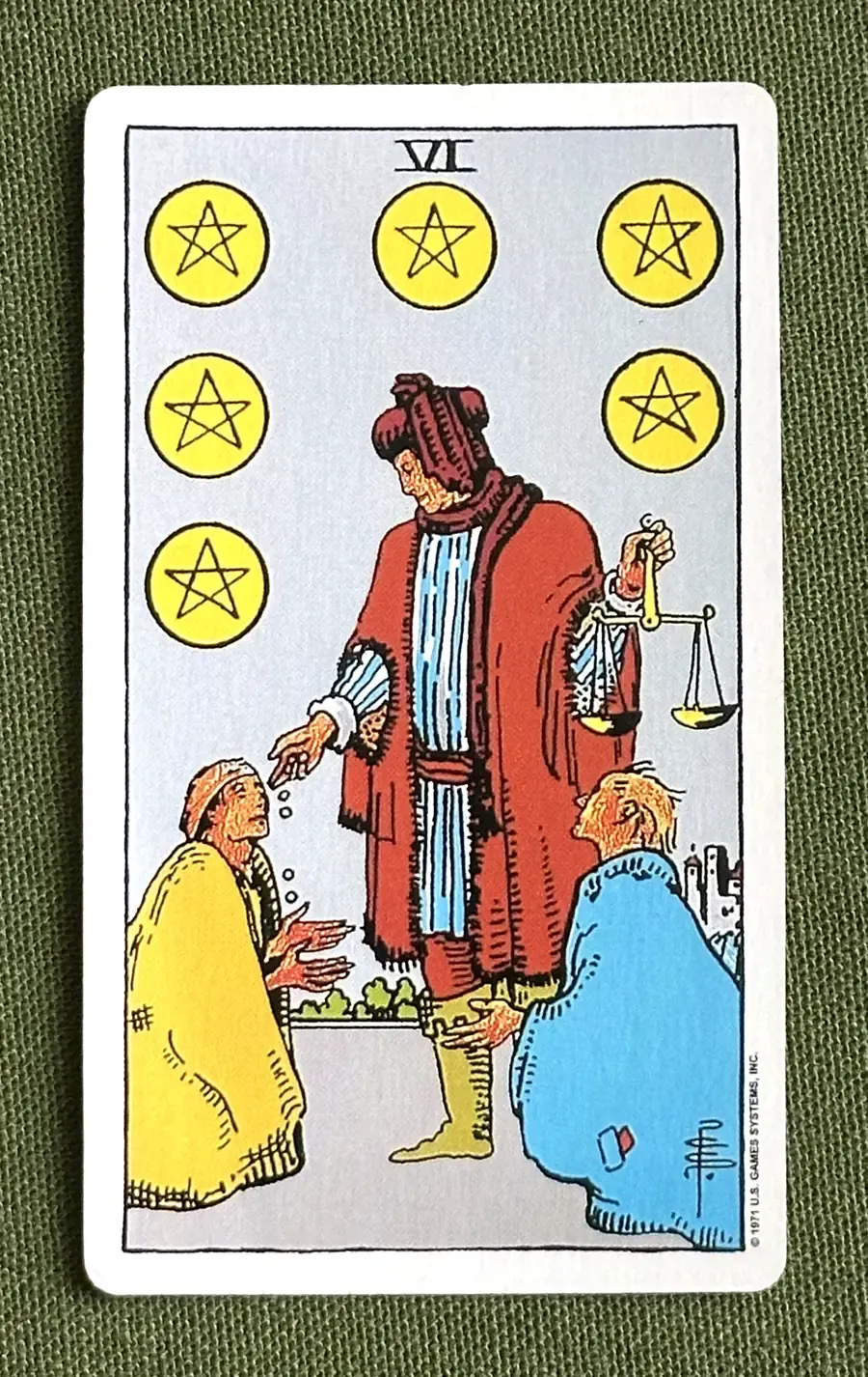 Six of Oaks — Six of Pentacles from the Rider–Waite deck