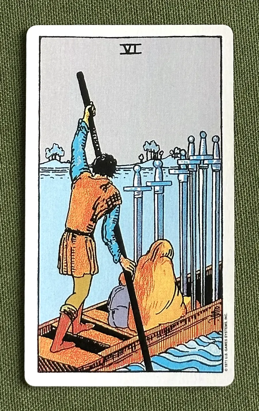 Six of Quills — Six of Swords from the Rider–Waite deck