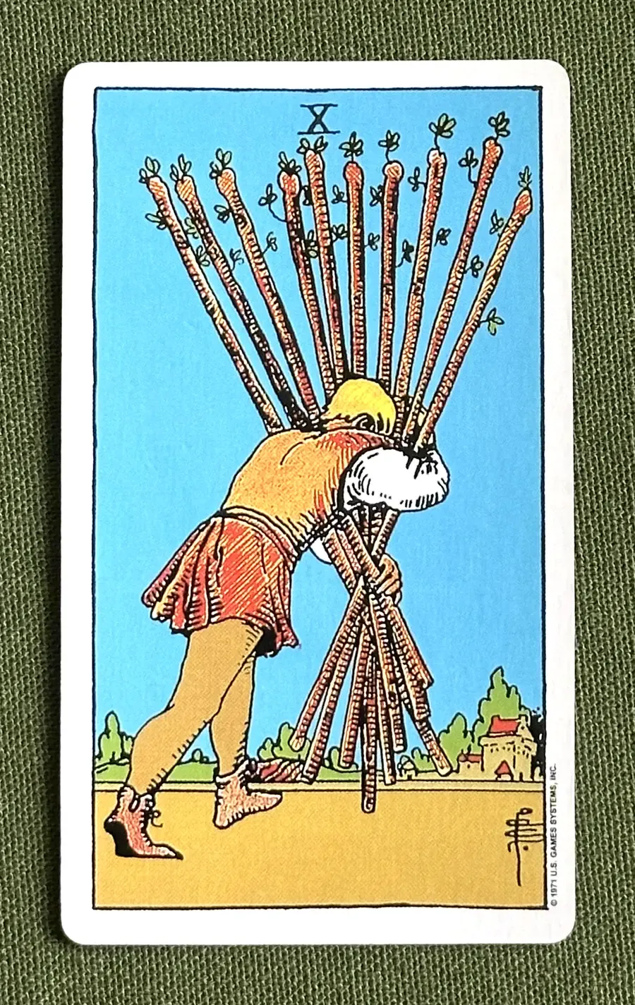 Ten of Arrows — Ten of Wands from the Rider–Waite deck