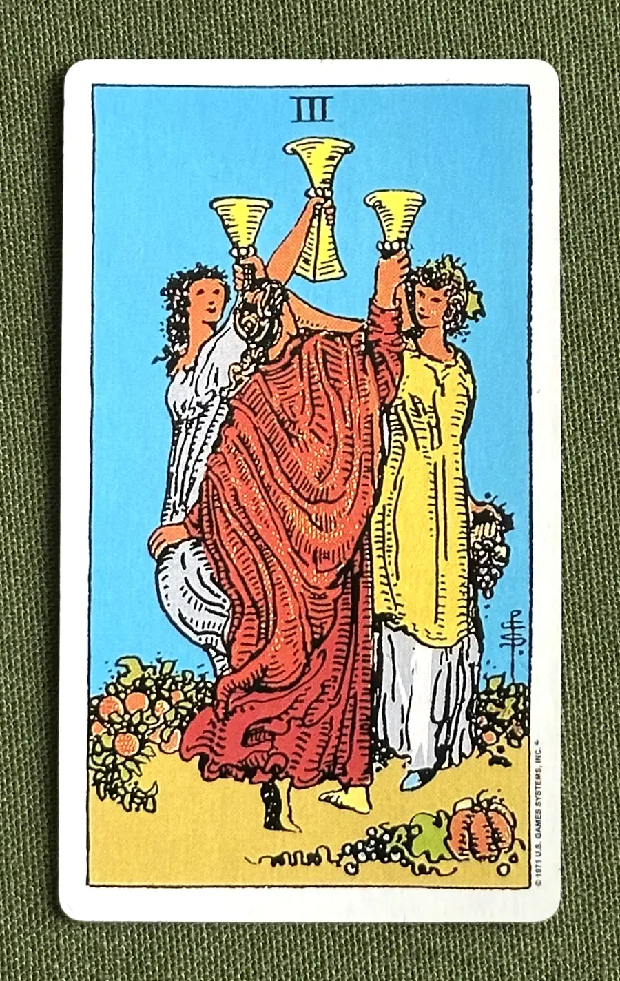 Three of Roses — Three of Cups from the Rider–Waite deck