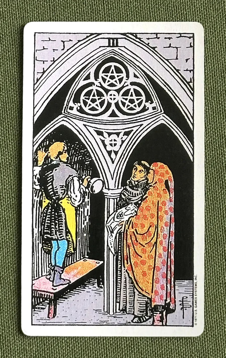 Three of Oaks — Three of Pentacles from the Rider–Waite deck