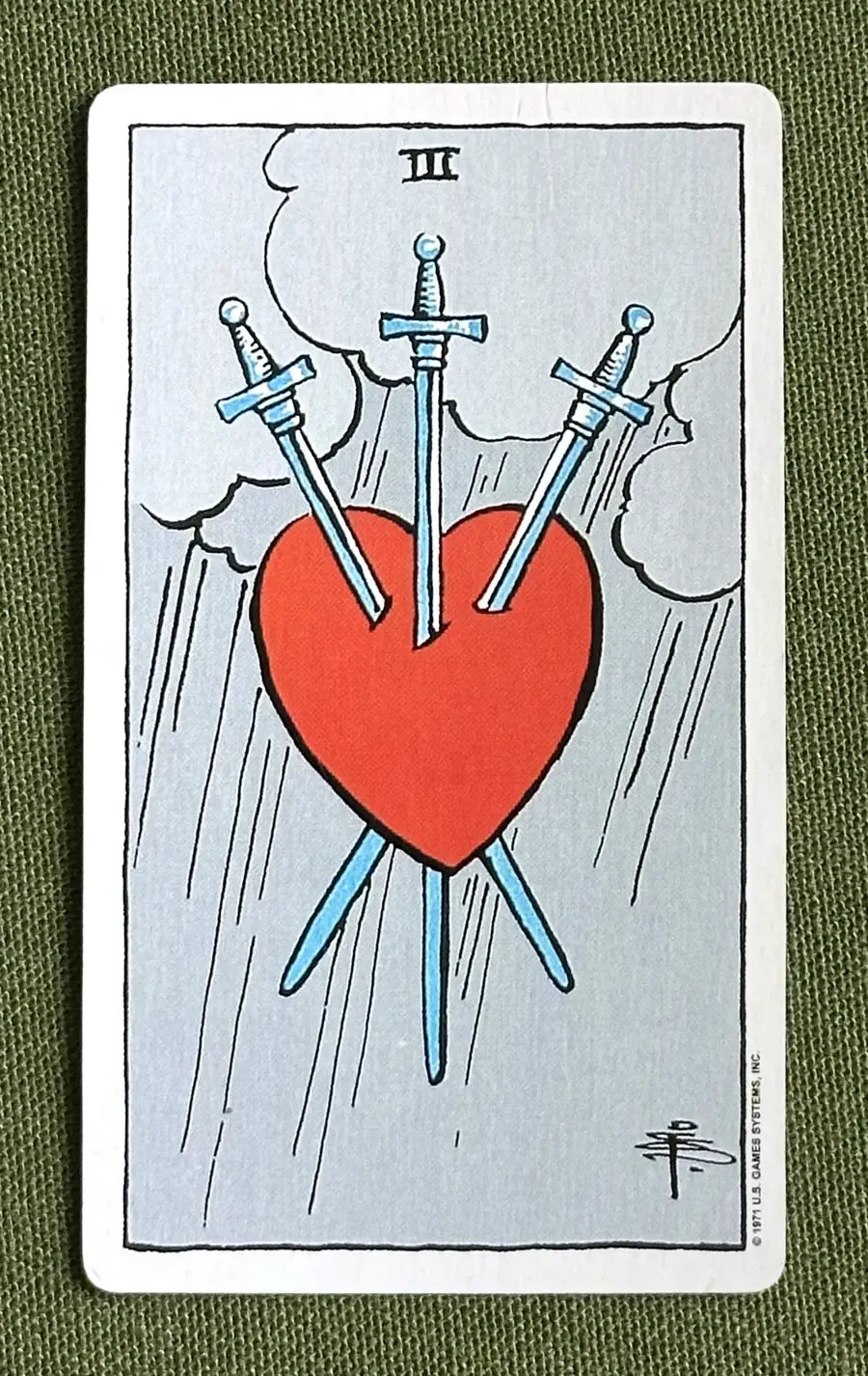 Three of Quills — Three of Swords from the Rider–Waite deck