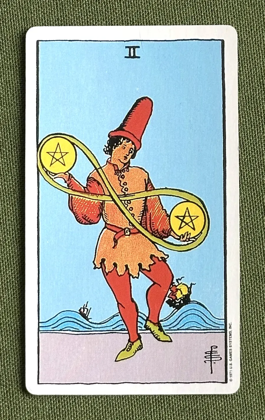 Two of Oaks — Two of Pentacles from the Rider–Waite deck